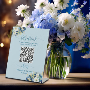 Dusty Blue Gold Glitter QR Code Wedding Bar Menu Pedestal Sign