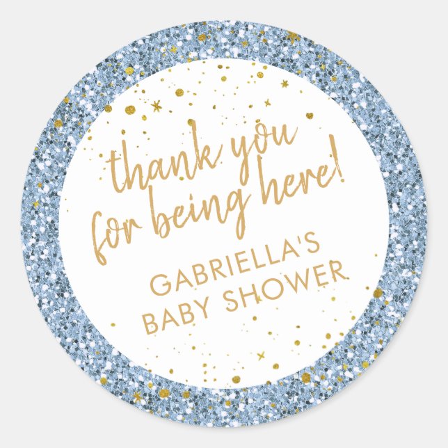 Dusty Blue Gold Glitter Thank You Shower Favour Classic Round Sticker (Front)