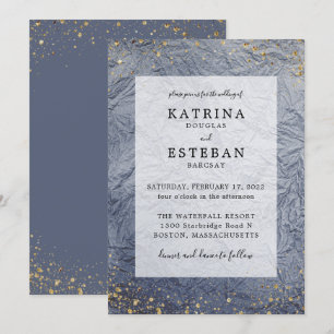 Dusty Blue Gold Glitter Wedding Invitation