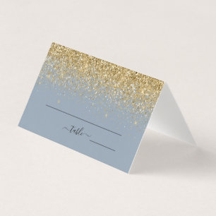 Dusty Blue & Gold Glitter Wedding Place Card