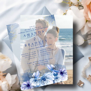 Dusty Blue & Gold Glitter Wedding Rehearsal Dinner Vellum Invitations