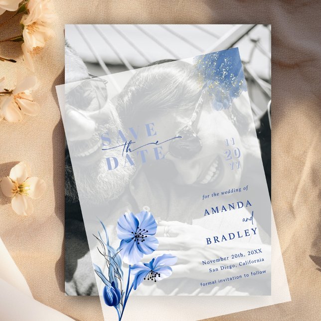 Dusty Blue & Gold Glitter Wedding Save The Date Vellum Invitations (Creator Uploaded)