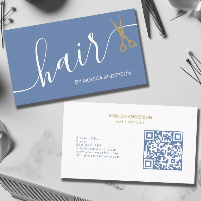 Dusty Blue Gold Hair Script Scissors QR Code Business Card (Dusty Blue Gold Hair Script Scissors QR Code Business Card)