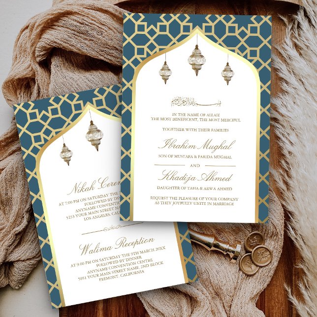 Dusty Blue Gold Hanging Lanterns Muslim Wedding Invitation (Creator Uploaded)