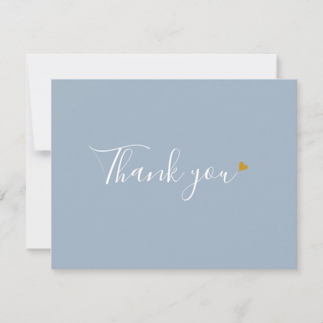 Dusty Blue Gold Heart Chic Script Business Thank You Card (Front)