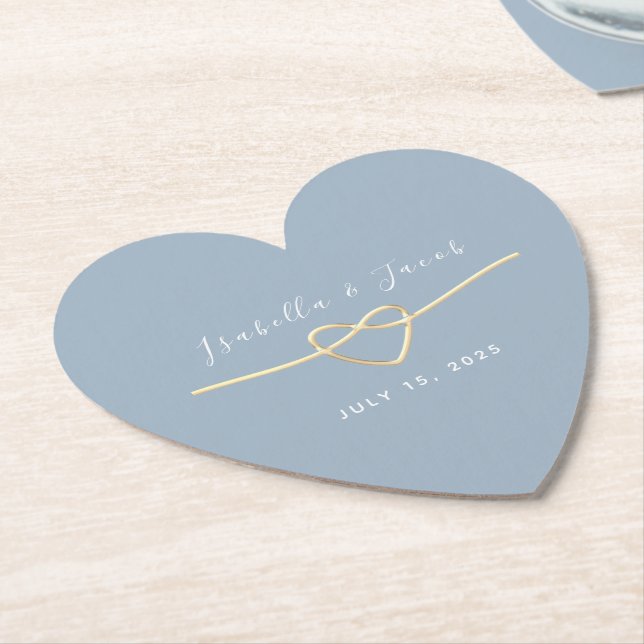Dusty Blue Gold Heart Wedding Drink Coaster (Angled)