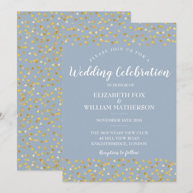 Dusty Blue Gold Hearts Confetti Wedding Invitation (Front/Back)