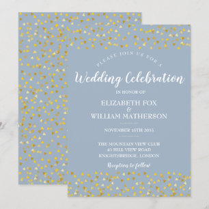 Dusty Blue Gold Hearts Confetti Wedding Invitation