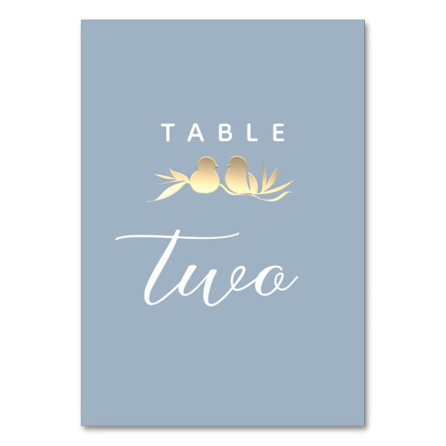Dusty Blue Gold Lovebirds Table Number (Front)
