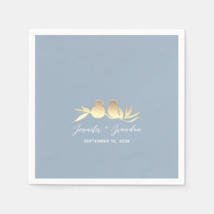 Dusty Blue Gold Lovebirds Wedding Napkin