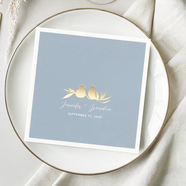 Dusty Blue Gold Lovebirds Wedding  Napkin (Creator Uploaded)