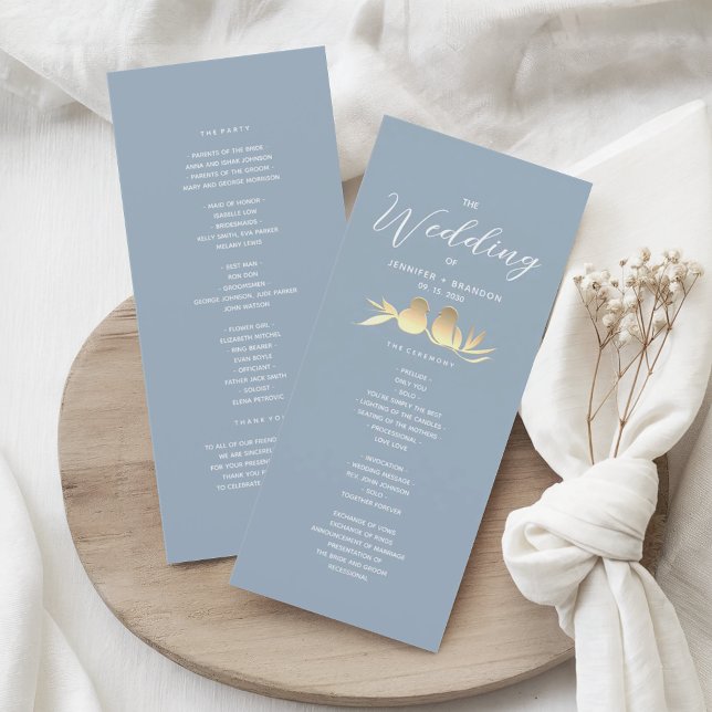 Dusty Blue Gold Lovebirds Wedding Programme (Creator Uploaded)