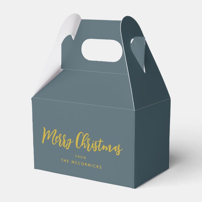 Dusty Blue Gold Merry Christmas Script Custom Favour Box (Front Side)