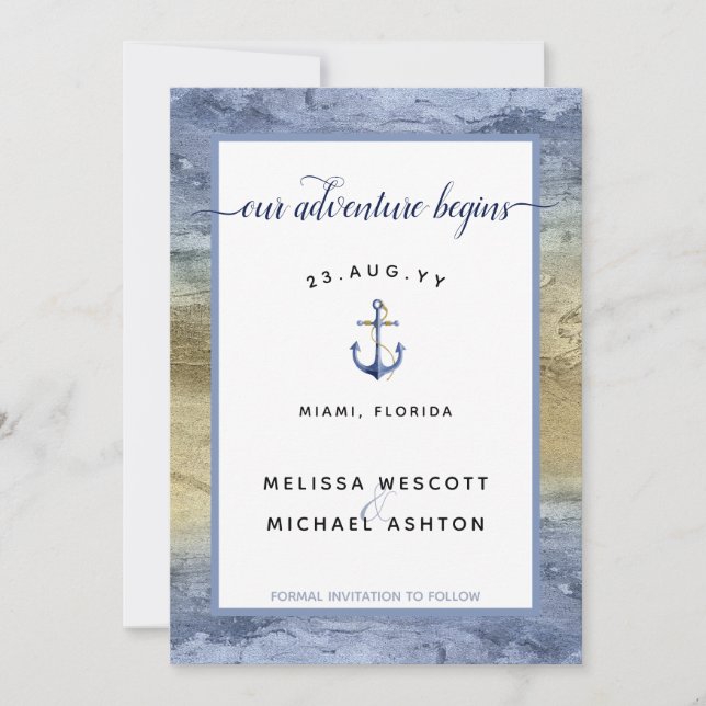 Dusty Blue Gold Nautical Navy Event Wedding Save The Date (Front)