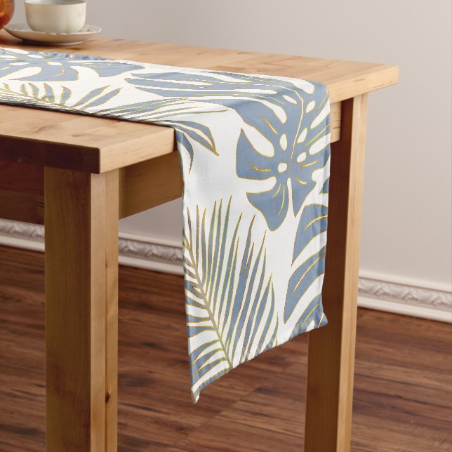 Dusty blue, gold palm and monstera tropical leaves short table runner (In Situ)