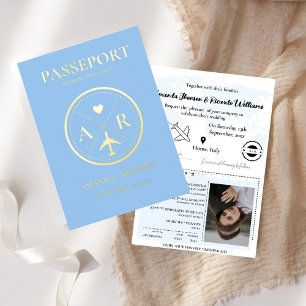 Dusty Blue & Gold Passport  Wedding Invitation
