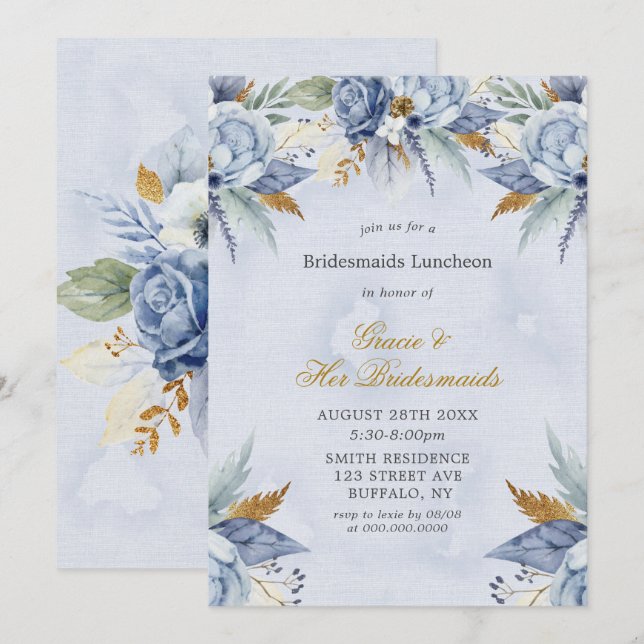 Dusty Blue Gold Peony Bridesmaids Luncheon Invites (Front/Back)