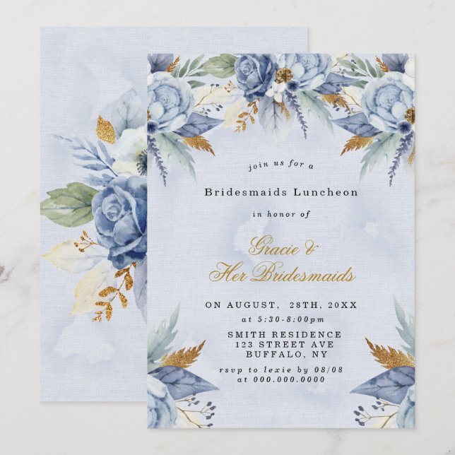 Dusty Blue Gold Peony Bridesmaids Luncheon Invites (Front/Back)