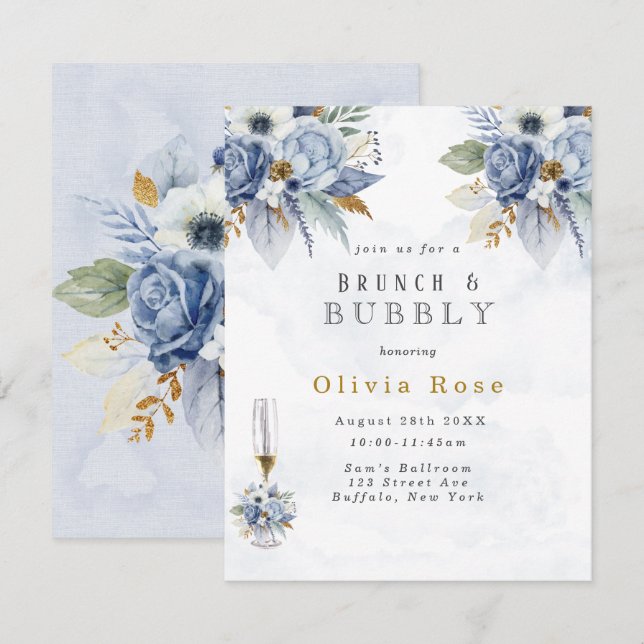 Dusty Blue Gold Peony Chic Brunch & Bubbly Invitation (Front/Back)