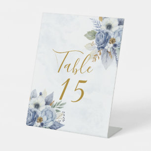 Dusty Blue Gold Peony Wedding Table Number Pedestal Sign