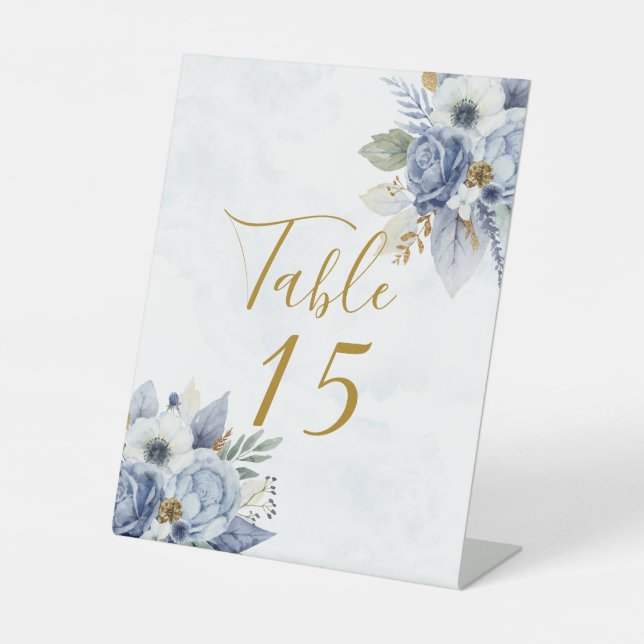 Dusty Blue Gold Peony Wedding Table Number Pedestal Sign (Front)