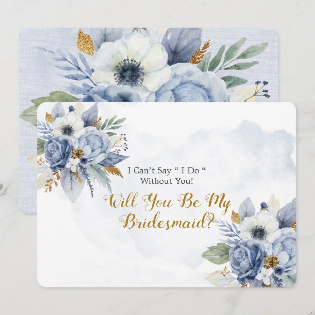 Dusty Blue Gold Peony Will You Be My Bridesmaid In Invitation (Front/Back)