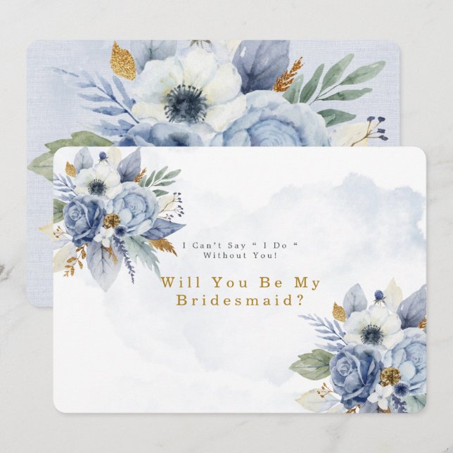 Dusty Blue Gold Peony Will You Be My Bridesmaid  Invitation (Front/Back)
