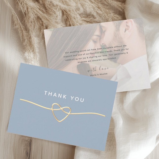 Dusty Blue Gold Photo Wedding Thank You Card (Creator Uploaded)