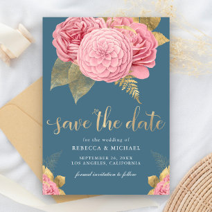Dusty Blue Gold Pink Floral Wedding Save The Date