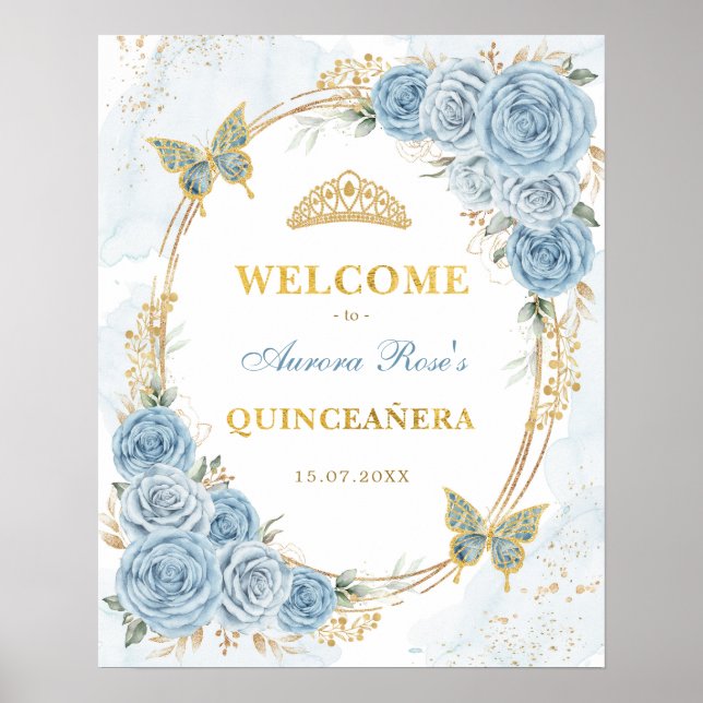 Dusty Blue Gold Quinceanera Mis Quince Welcome Poster (Front)