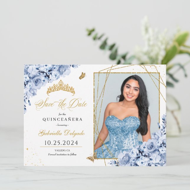 Dusty Blue & Gold Quinceañera Save The Date Photo Invitation (Standing Front)