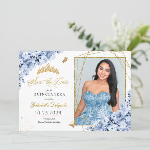 Dusty Blue & Gold Quinceañera Save The Date Photo Invitation