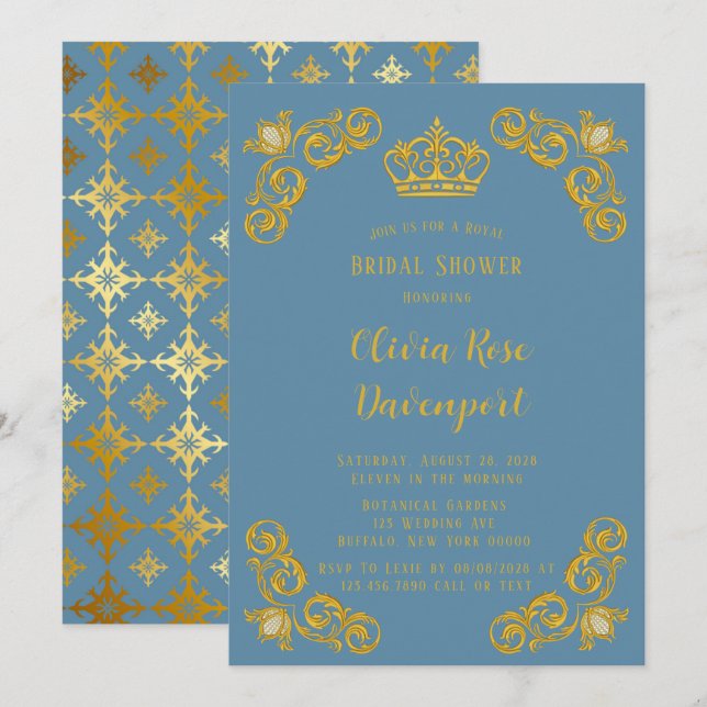 Dusty Blue & Gold Royal Crown Damask Bridal Shower Invitation (Front/Back)