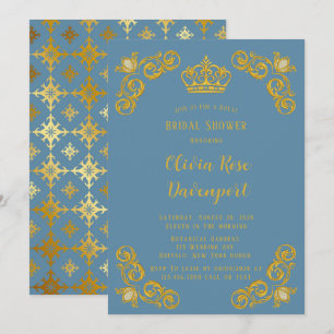 Dusty Blue & Gold Royal Crown Damask Bridal Shower Invitation