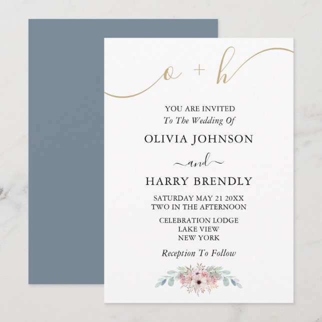 Dusty Blue Gold Rustic Eucalyptus Wedding Invite (Front/Back)