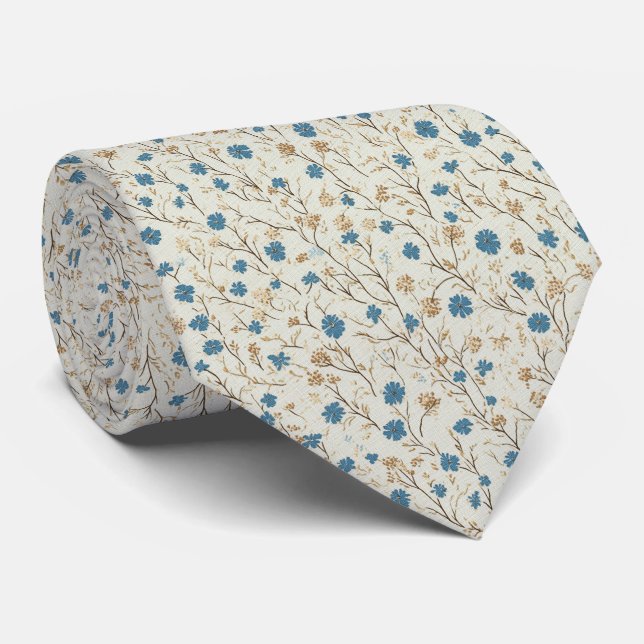 Dusty Blue & Gold Rustic Wildflowers Wedding Tie (Rolled)