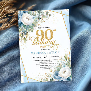 Dusty blue gold script frame modern 90th birthday invitation