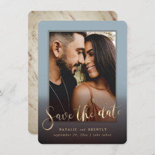 Dusty Blue Gold Script & Marble Photo Overlay Save The Date