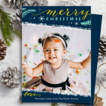 Dusty Blue Gold Script Minimalist Photo Christmas