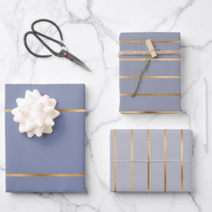 Dusty Blue Gold Stripe Pattern Wrapping Paper Sheet