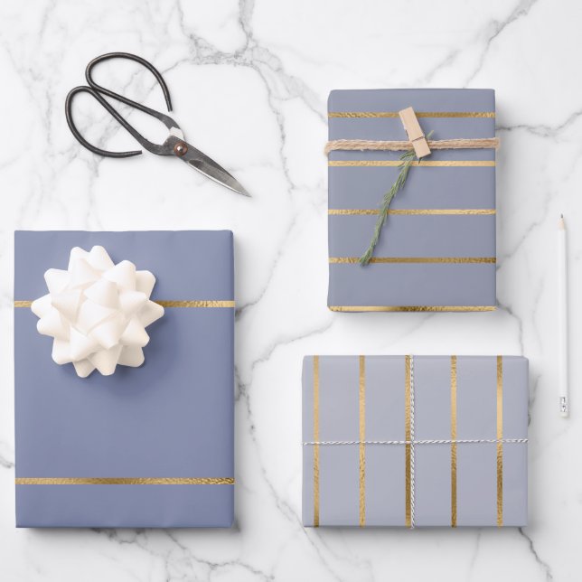 Dusty Blue Gold Stripe Pattern Wrapping Paper Sheet (Front)