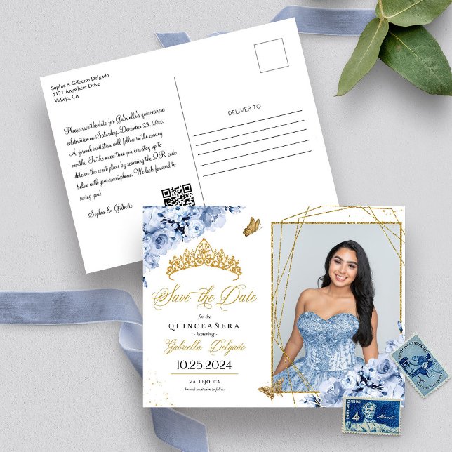 Dusty Blue & Gold Tiara Quinceañera Photo Postcard (Creator Uploaded)