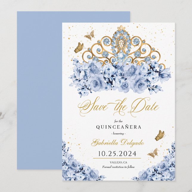 Dusty Blue & Gold Tiara Save The Date Quinceañera Invitation (Front/Back)