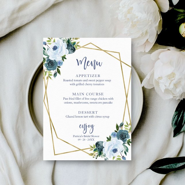 Dusty Blue Gold Watercolor Bridal Shower Menu Invitation (Creator Uploaded)