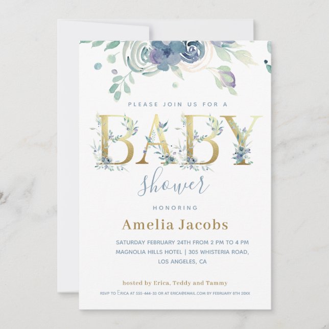 Dusty Blue Gold  Watercolor Floral Baby (Front)