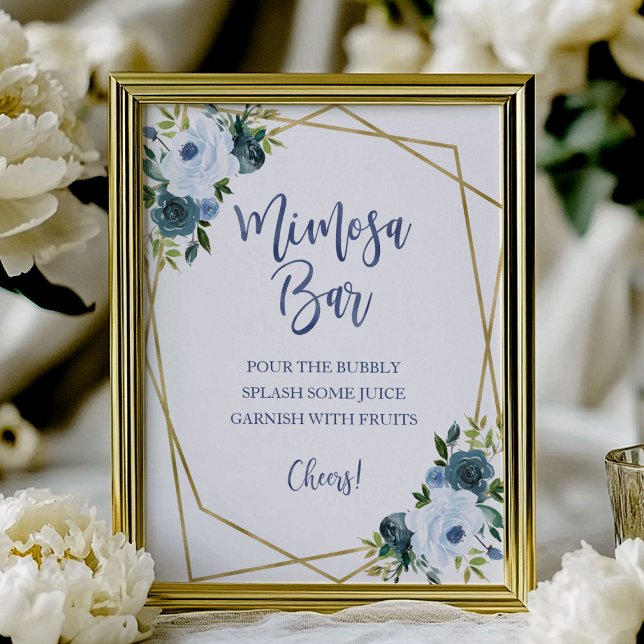 Dusty Blue Gold Watercolor Floral Mimosa Bar Sign (Creator Uploaded)
