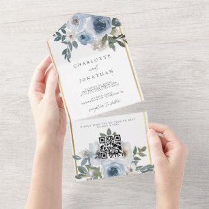 Dusty Blue & Gold Watercolor Floral Wedding All In One Invitation