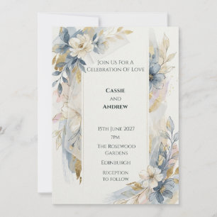 Dusty Blue Gold Watercolor Floral Wedding Invitation