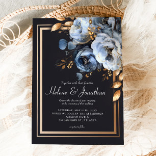 Dusty Blue Gold Watercolor Modern Elegant Wedding Invitation
