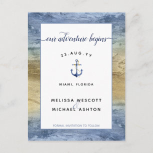 Dusty Blue Gold Watercolor Wedding Save the Date Announcement Postcard